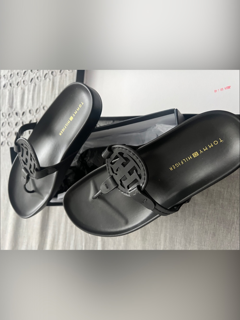 Tommy Hilfiger Black Logo Thong Sandals with Gold Footbed Branding
